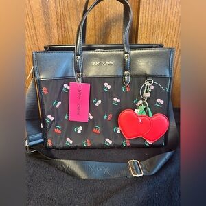 Betsey Johnson - Black/Multicolor Embroidered Tote Bag w/ Cherries and Charm NEW